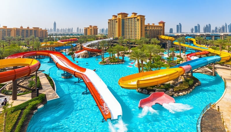 Aerial view of Aquaventure World Dubai, showcasing water slides and marine attractions Aerial view of Aquaventure World Dubai, showcasing water slides and marine attractions