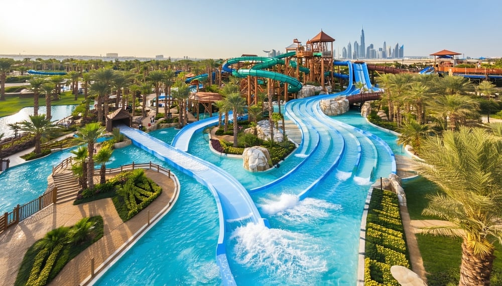 Aerial view of Aquaventure World Dubai waterpark Aerial view of Aquaventure World Dubai waterpark